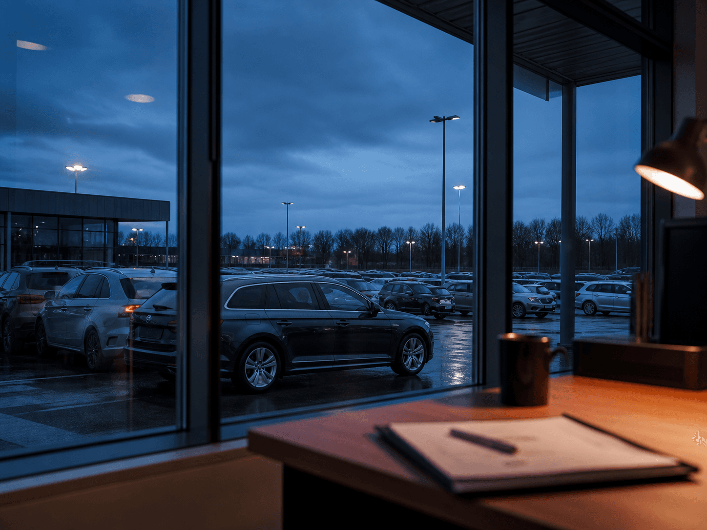 Blick aus einem Autohaus auf einen Fahrzeugbestand